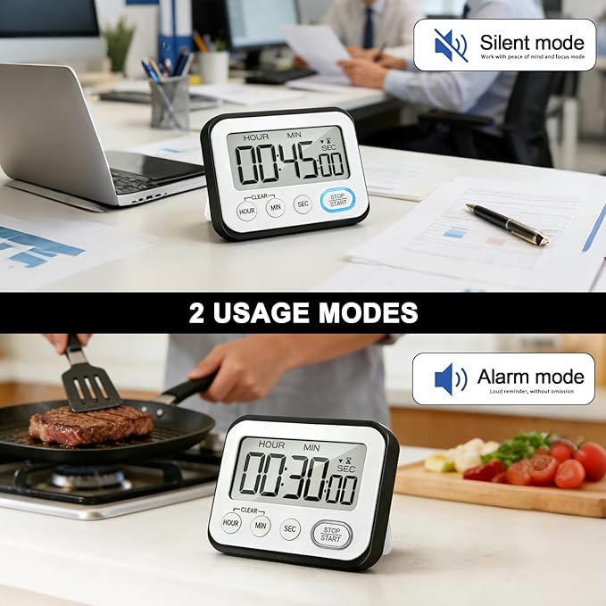Digital Kitchen Timer Magnetic Loud Alarm, Large LCD Screen Silent/Beeping Multi-Function for Teachers Classroom Kids, Black 2PACK