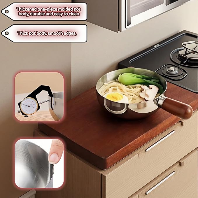800ml/27oz Wood Handle Saucepan - 316 Stainless Steel, Multi-Use Induction Compatible Pan for Milk, Soup, Oatmeal, Camping & Small Kitchen