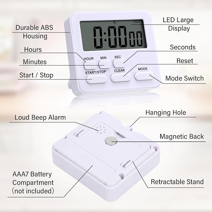Leumoi 2 Pcs Digital Kitchen Timer 24 Hour Clock and Alarm Function Timer On/Off Switch Minute Second Count up Countdown Loud Alarm for Exercise Cook Baking(White)