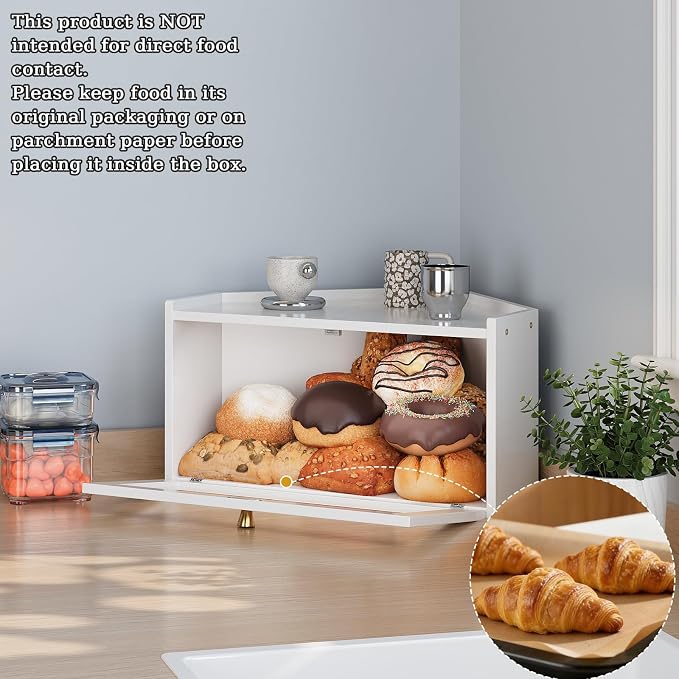 Trironsun Corner Bamboo Bread Box for Kitchen Counter Large Rustic Bread Storage Container with Acrylic Door Space-Saving Vintage Bread Keeper for Homemade Bread (White)