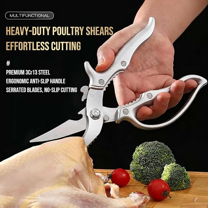 Heavy Duty Safety Lock Non-Slip Handle Multi Purpose Poultry Kitchen Shears | Non-slip handle with safety lock, spring assisted easy cutting; for chicken, turkey, meat,fish, veggies