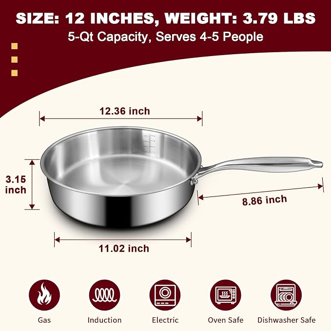 EWFEN 12 Inch Tri-Ply Stainless Steel Frying Pan, Compatible with All Cooktops Up to 600℉, Large Frying Pan Induction-Ready Skillet, Dishwasher and Oven Safe, Even Heat