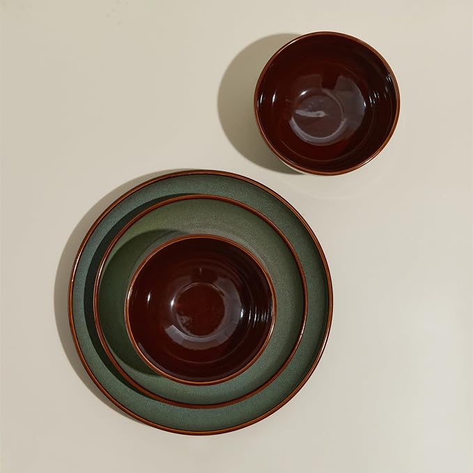 32 Piece Double Bowl Dinnerware Sets with Pasta Bowls, Highly Chip and Crack Resistant Plates and Bowls Sets, Natural Earthyware Ceramic Dishware Sets, Service for 8 Sage Green