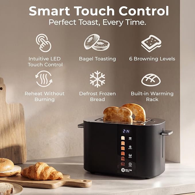 Balter Toaster 2 Slice, Bagel Function, Stainless Steel, Touch Screen, Built-in Rack, Extra-Wide 1.5" Slots for Thick Breads & Bagel, Timer, BPA-Free, Removable Tray, Black