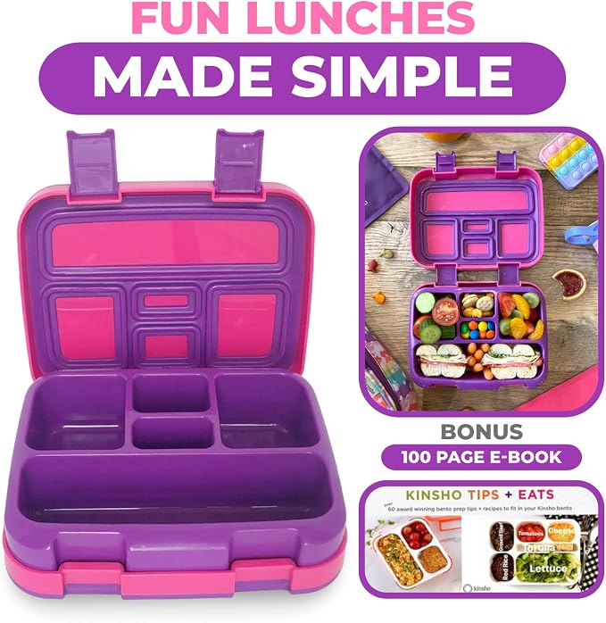 kinsho Bento Lunch Box Container for Kids, Girls Ages 3 to 5, Pink Purple | 5 Portion Sections, BPA-Free Spill-Proof Leakproof Removable Plastic Tray, Snacks and Lunches for Toddlers Pre-School Daycare