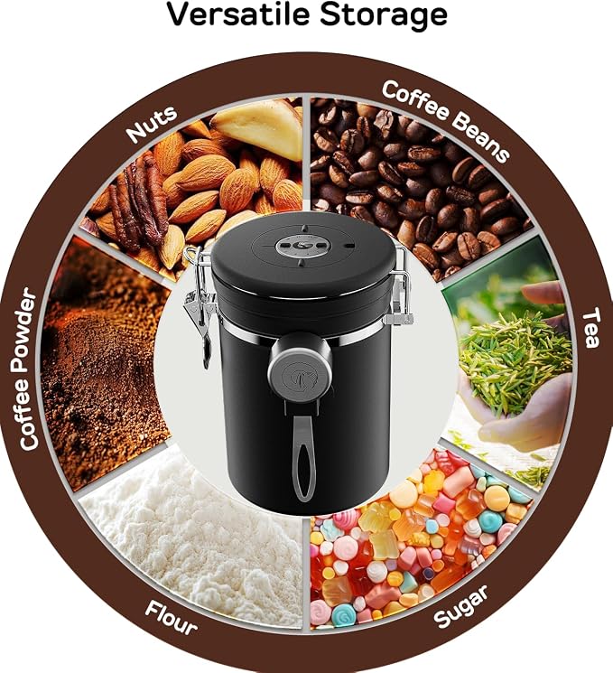 Coffee Gator Coffee Canister, 22oz Airtight Stainless Steel Container | w/ Date Tracker, Scoop, Valve, Kitchen Food Storage Jars for Beans, Ground, Rice, Tea, Sugar, Cookie, Bar Accessories, Black
