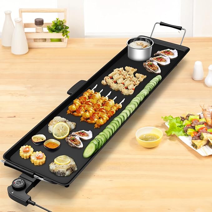 35'' Electric Griddle Teppanyaki Grill, Nonstick Extra Large Cooking Plate for Pancake Barbecue, Indoor Outdoor Table Top Grill with Adjustable Temperature & Drip Tray, 2000W