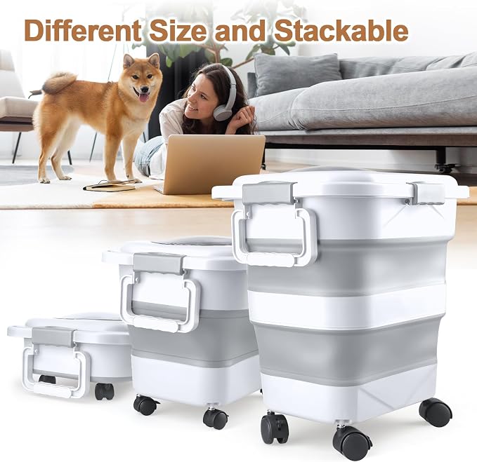 Dog Food Storage Container, 10-20 lbs Airtight Collapsible Cat Food Storage Container with Attachable Wheels, Portable Handle, Dog Food Scoop for Dog Cat Bird Pet Dry Food Storage Bin Light Grey
