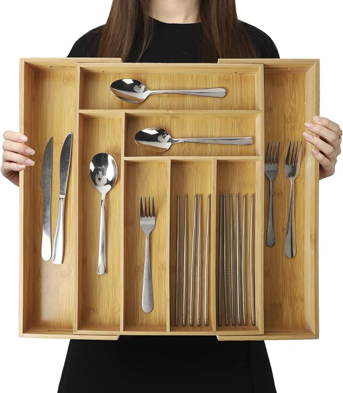 BAMOTTO CRAFTBAMBOO Expandable Bamboo Drawer Organizer for Kitchen, 8 Slot | Silverware & Cutlery Tray | Utensil Holder | 12.8"–20" Adjustable | Office & Bathroom | Flatware Organizer
