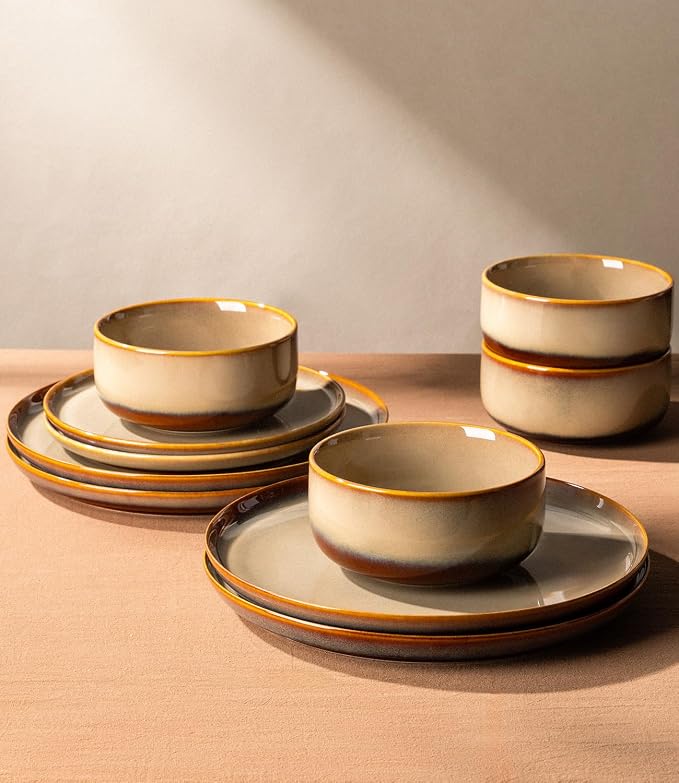 Ceramic Dinnerware Set for 4, 12-Piece Plates and Bowls Set | Handmade Reactive Glaze Dish Set, Scratch Resistant, Oven & Microwave & Dishwasher Safe, Creamy Amber