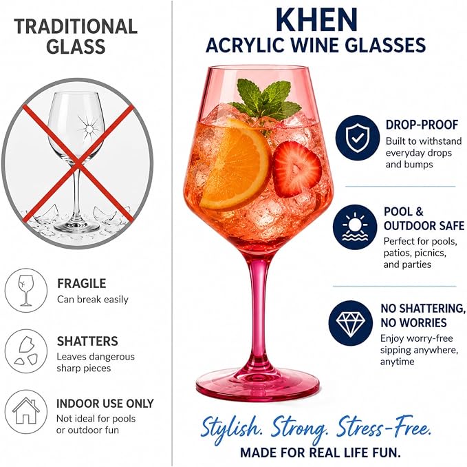 European Style Plastic Crystal Unbreakable Stemmed Wine Glasses | Set of 12 | Acrylic Glasses Tritan Bright Colors Shatterproof BPA-free, Outdoor, Pool, Indoor, Hand Wash 17oz Gift, Everyday & Holiday