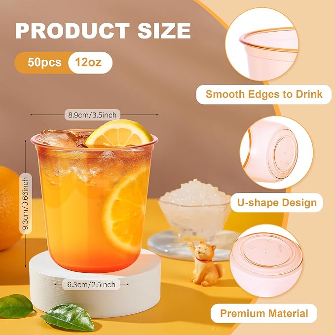 KesaPlan 100Pcs 12oz Orange Plastic Party Cup, Disposable Wine Cocktail Cup | Halloween Fall Cute Crystal Wine Stemless Glasses, Round Bottom PET Cold Drink Cups for Thanksgiving Wedding Birthday Party
