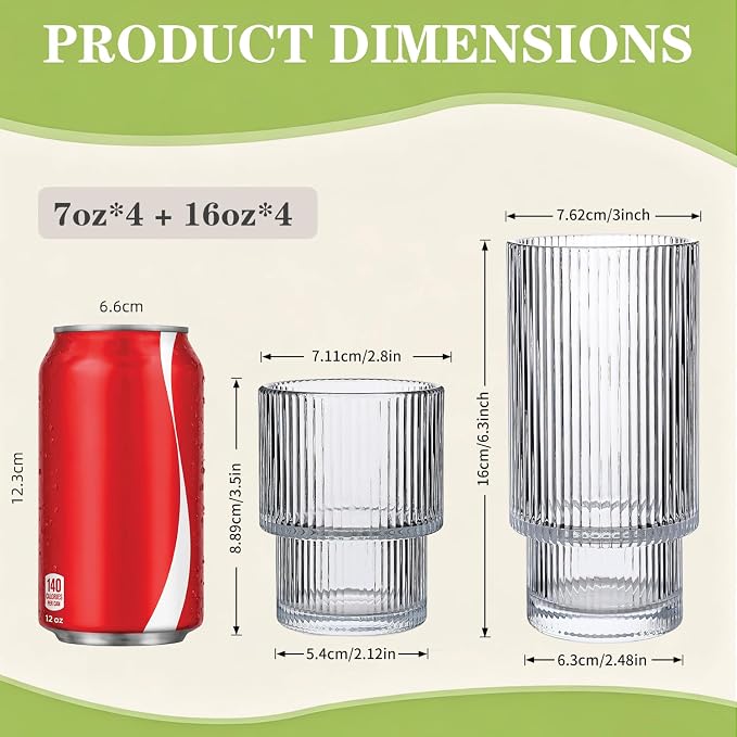 Ribbed Drinking Glasses Set of 4, Stackable Glass Cups with 2 Tall 16 oz Highball Glasses and 2 Short 7 oz Tumblers for Iced Coffee, Water, Cocktails and Whiskey