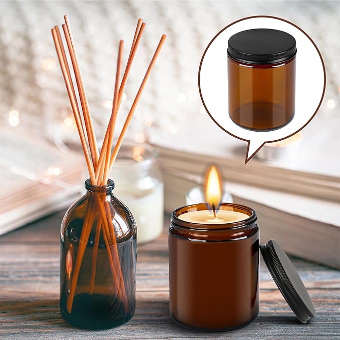 Goiio 18 Pack Amber Glass Jars, 8 Oz Thick Amber Round Glass Jars | with Black Metal Lids, for Spice, Sample, Leakproof and Dishwasher Safe