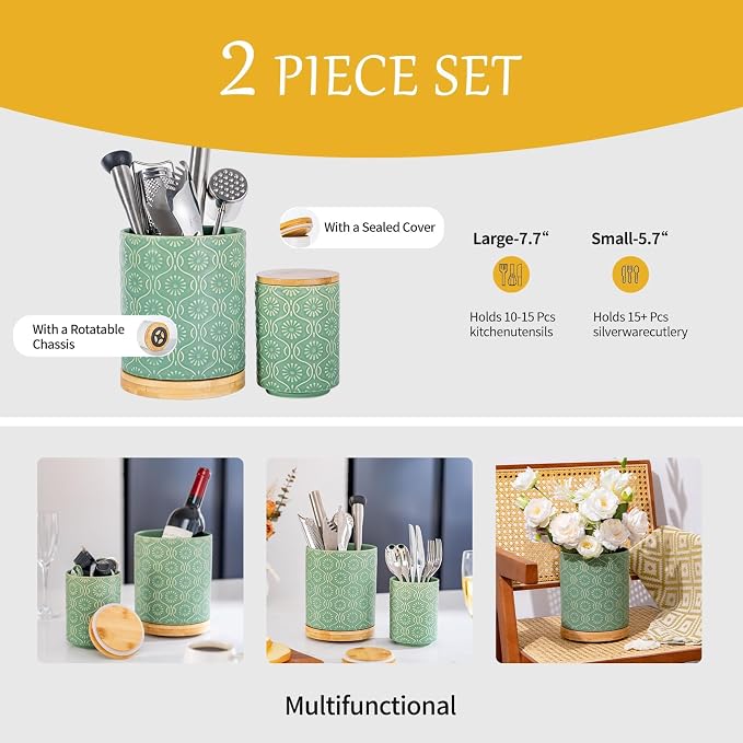 TEATALK Ceramic Canister with Airtight Lid, Cookie & Coffee Canister for Countertop, Food Storage Jar for Sugar, Tea, Matcha, Candy, Coffee Bean Container, Green,7.7"+5.7"