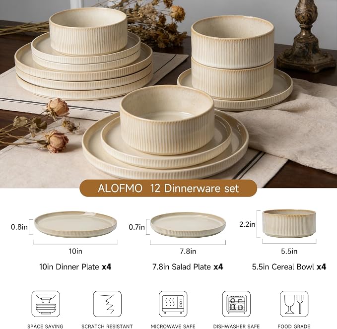 Stoneware Dinnerware Sets for 4, 12Pcs Ribbed Plates and Bowls Set, Beige | Handmade Reactive Glaze Ceramic Dishes, Microwave and Dishwasher Safe, Modern Minimalist Tableware for Everyday Use