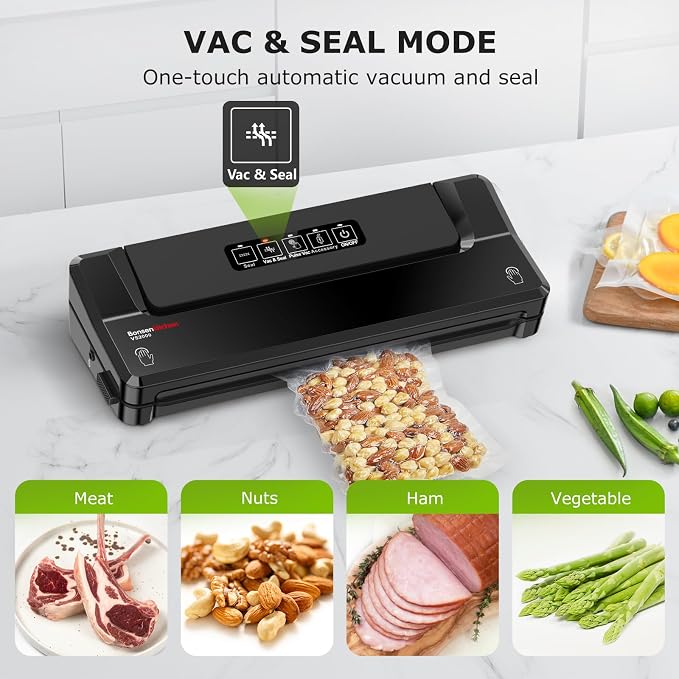Bonsenkitchen Vacuum Sealer Machine With 5 Vacuum Bags,Black | Compact Food Sealer for Sous-Vide & Meal Prep,Multiple Modes,External Vacuum System,6x Longer Freshness