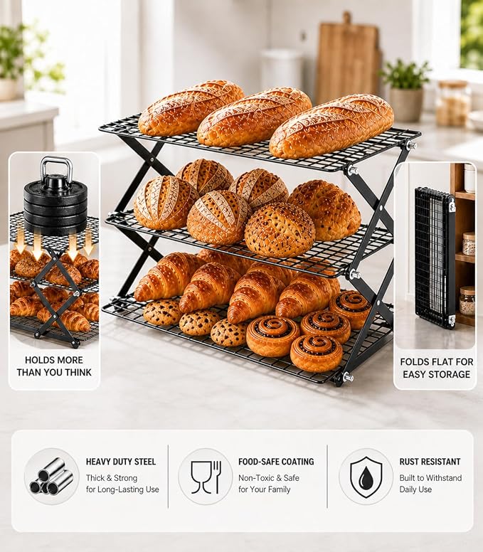 Cooling Racks For Cooking And Baking, 2/3/4-Tier Collapsible Cookie Cooling Rack With Adjustable 3 Setting Design Stackable Roasting Cooking Drying Wire Cooling Rack For Cookies Bread Baking
