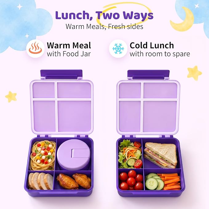 Pawtong Bento Lunch Box with 8oz Soup Thermo, Kids Leakproof Lunch Food Containers with 4 Compartment, Kids Thermo Insulated Hot Food Jar for School, Trvael (Purple)