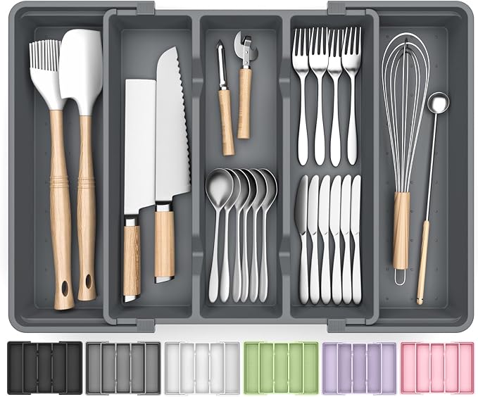 Large Expandable Silverware Drawer Organizer, Utensil Tray | Kitchen Drawer Organizer for Spoons/Forks/Knives, Multipurpose & BPA Free Cutlery Tray(1 Pack, Gray)