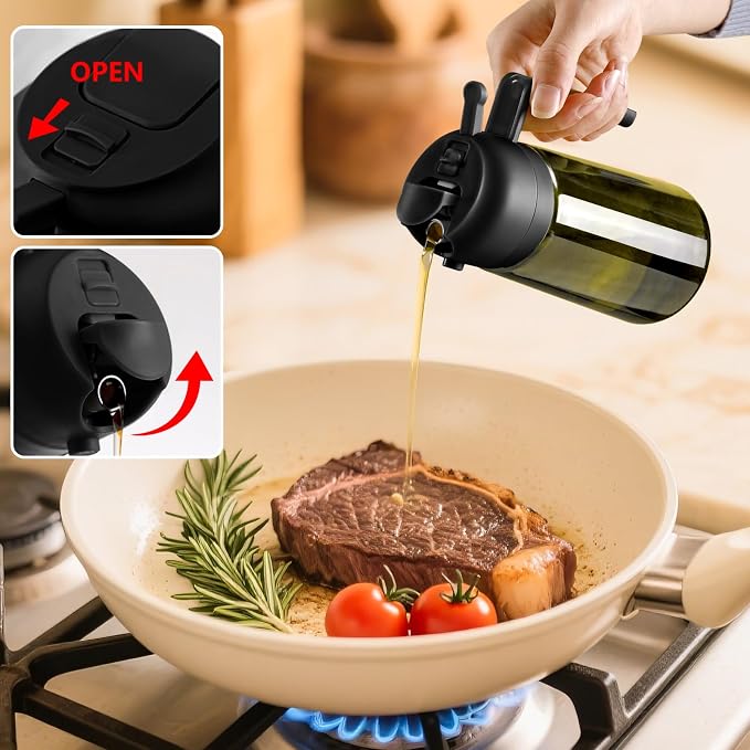 SWEET VIEW 2Pcs Olive Oil Spray Bottle 16oz/470ml | Glass Light-Proof Oil Pourer/Dispenser for Kitchen Air Fryer, Cooking, Salad, and BBQ, with Stickers