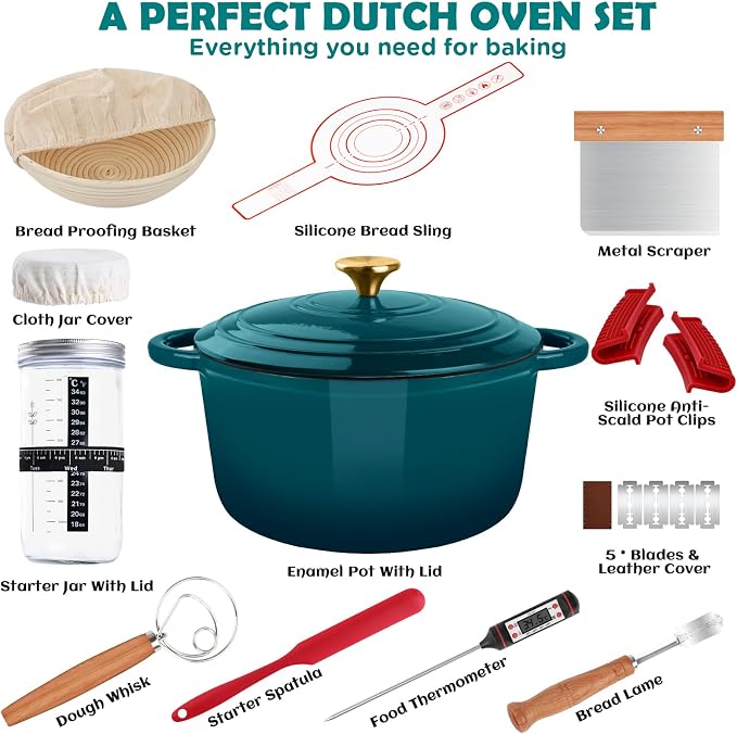 Enameled Cast Iron Dutch Oven Pot with Lid, 5QT Dutch Oven for Bread Baking | Round Bread Oven, Sourdough Bread Baking Supplies, Banneton Bread Proofing Basket, Starter Jar, Lame, Oven Safe up to 500°F