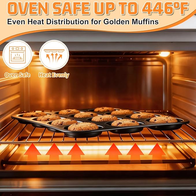P&P CHEF 12-Cup Muffin Top Pan, Cupcake Pan with Shallow Side, 2PC & Black | Stainless Steel Muffin Pan Cupcake Tin for Whoopie, Yorkshire Pudding, Egg Bite, Cupcake, Non-toxic & Easy Clean