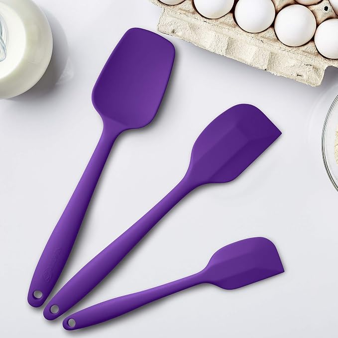 3-Piece Silicone Spatula Set, 600°F Heat Resistant, Purple | Stainless Steel Core, Silicone Rubber Spatulas for Nonstick Pans, Spatula, Spoonula and Mini Spatula for Cooking and Baking