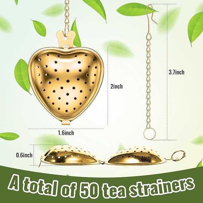 Sumind 25 Pcs Heart Tea Strainer Stainless Steel Ball Infuser Loose Leaf Steeper Interval Diffuser Mesh Filters with Extended Chain Hook for Cup Bottle Tea Party Wedding Bridal Shower(Gold)