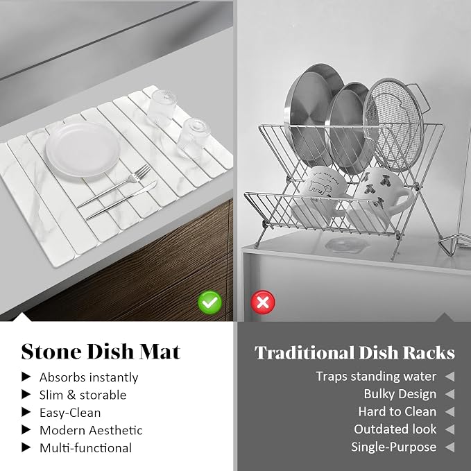 Large Stone Dish Drying Mat for Kitchen Counter, Foldable Quick Drying Dish Mats, Ultra Absorbent Diatomaceous Earth Mats for Dishes Bottles Cups, Match Any Countertop (White Marble 24"×16" & 8"x4")
