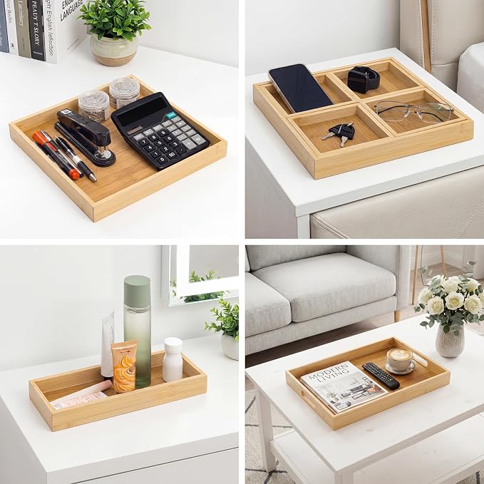RRX Wood Serving Trays with Handles, Set of 7 Rectangular Tray, Beige | Nesting Bamboo Tray for Breakfast in Bed, Kitchen, Entertaining, Couch, Party, Platters, Coffee Table, Countertop Home Decor