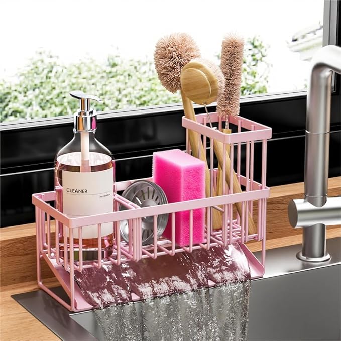 Cisily Pink Kitchen Sink Caddy Organzier with High Brush Holder, Sponge Holder for Sink, 304 Rustproof Stainless, Kitchen Countertop Soap Dispenser Organizer
