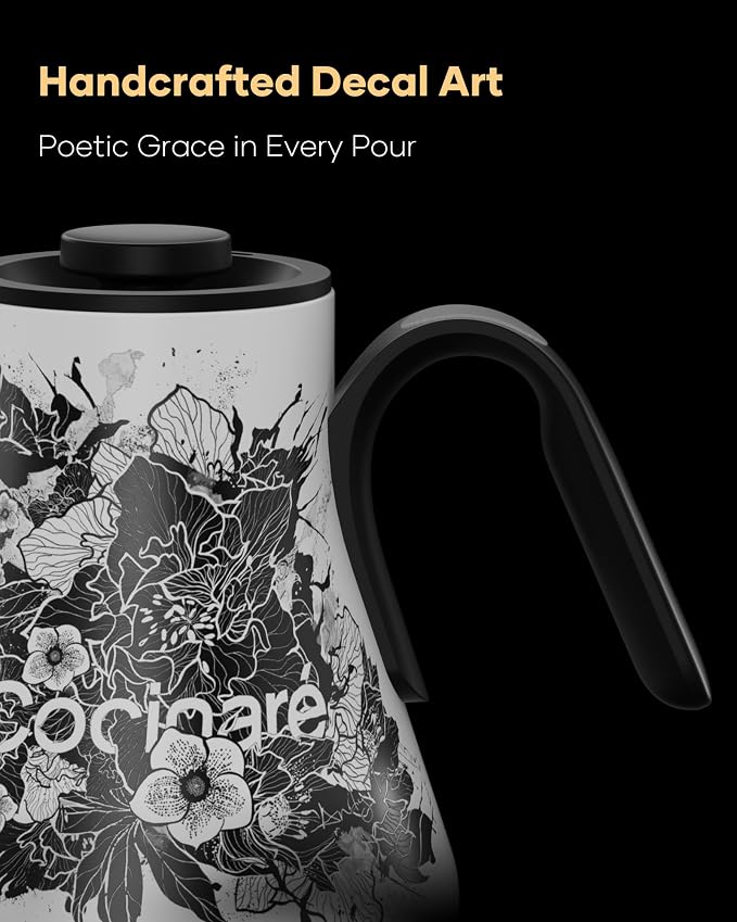Cocinare Gooseneck Electric Kettle, ±1℉ Precise Temperature Control, 0.9L | 1500W Quick Heating, Stainless Steel Inner, Pour Over Coffee & Tea, Keep Warm, Auto Shut-Off, LED Display Artisan Blossom