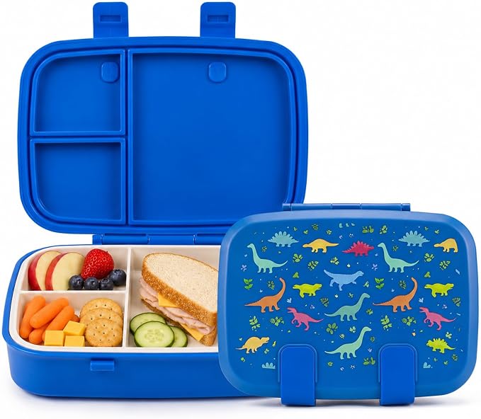 MISS BIG Kids Bento Lunch Box, Blue Dinosaur, Microwave Safe, 800ml | Boys lunch box with 3 sections for school meals, daycare, preschool, kindergarten, and microwave-safe reheating