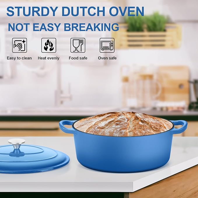 E-far 7QT Oval Dutch Oven Pot with Lid, Enameled Cast Iron Dutch Oven with Dual Handles for Sourdough Bread Baking Cooking, Nonstick Enamel Coated Cookware(Blue), Non-Toxic & Easy Clean