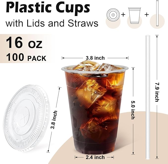 Lamosi 100 Pack 16 oz Clear Plastic Cups with Lids and Straws | Disposable Plastic Cold Cups for Iced Coffee, Smoothies, Parties, Picnics, Office Drinks, Light To-Go Use and Easy Cleanup