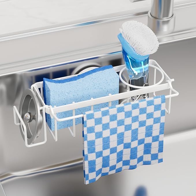 TAILI 4-in-1 Sink Caddy for Kitchen Sink with Strong Suction Cup-White | Removable Sponge Holder for Kitchen Sink Organizer, Rustproof 304 Stainless Steel Holder for Sponge, Brush, Scrubber, Scraper