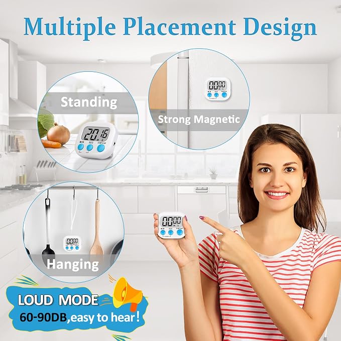 ZILLEEN Digital Kitchen Classroom Timers for Kids Cooking 12pcs Wht Grn Pk | Strong Magnetic, Large Screen, Big Button, Count Up/Down, Loud Alarm, Teacher Classroom Must Haves Supplies