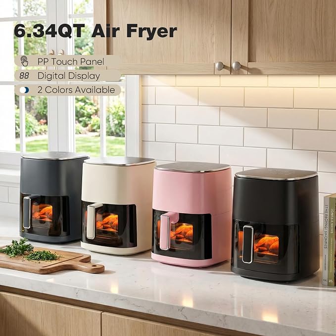 OLIXIS 12-in-1 Air Fryer 6.34 Quarts, Visable Airfryer with Window, 400°F, Roast, Reheat, Dehydrate, Bake, Steam, Fries, Custard, Chicken, Wings, Sea Food, Vegetabels, Pearl White
