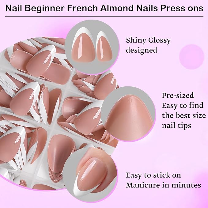 240pc White French Tip Press on Nails Short Almond Acrylic Nail, Coffee Press ons Fake Nails with Glue & Tabs, 12 Sizes Glue on Nails Short Press-on Nail Almond Artificial Stick on Nail for Women