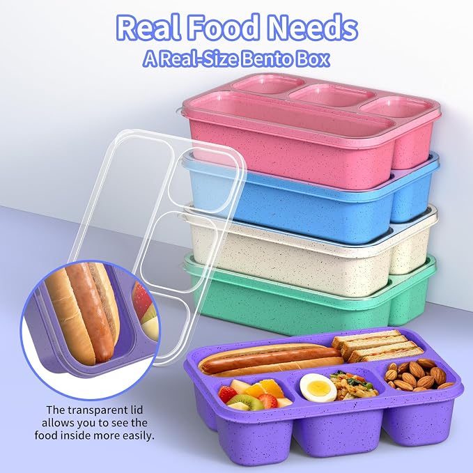 Bento Box 5-Pack, 4-Compartment Lunch Box for Women, Men & Kids, BPA-Free Wheat Straw Snack Containers, Ideal for Meal Prep, Travel, School, Work (Pink)