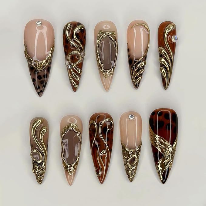 30Pcs Long Stiletto Press On Nails Gold Chrome Fake Nails with 3D Rhinestone Design Amber Gilding Nude Full Cover Acrylic Nails French Tip Glue On Nails Metal False Nails Luxury Manicure Set for Women