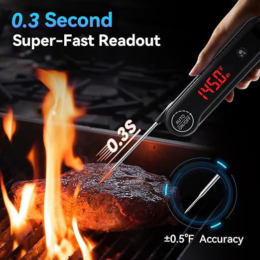 0.3s Instant Read Meat Thermometer, IP67 Waterproof (Black) | Rotating Display, Calibration Function, Ideal for Grill, BBQ, Frying and Kitchen Cooking