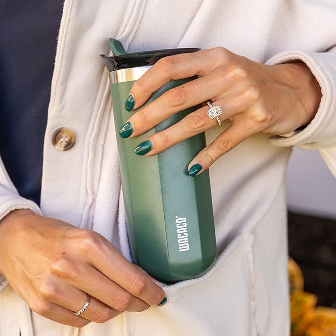 WACACO Octaroma Grande Vacuum Insulated Coffee Mug, 15 fl oz (435ml), Double-wall Stainless Steel Travel Tumbler With Drinking Lid, Pomona Green