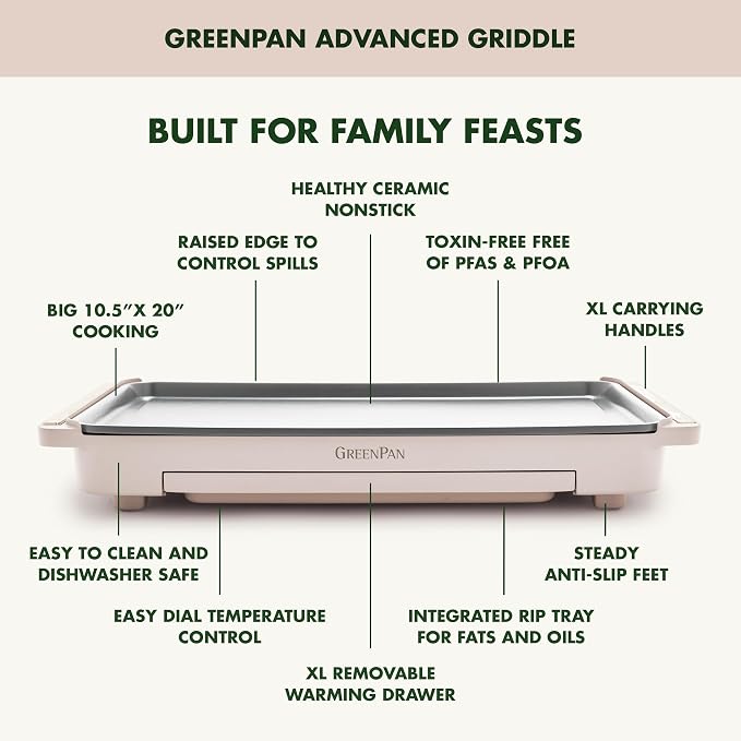 GreenPan Advanced 10.5”x 20” Electric Griddle with Warming Drawer, Healthy Ceramic Nonstick PFAS-Free Coating, Temperature Control, Easy and Versatile Countertop Meals, Dishwasher Safe, Clay