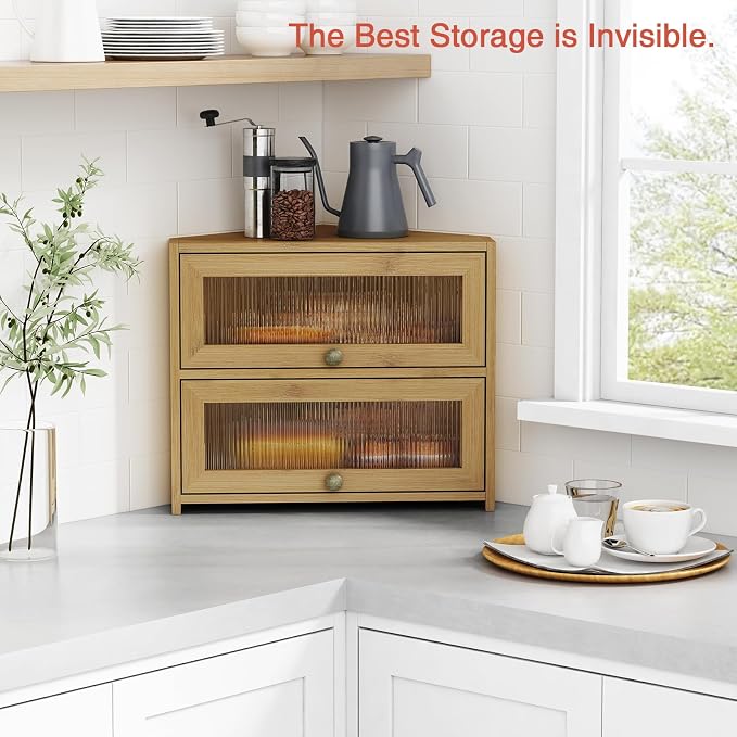 Goozii Corner Bread Box for Kitchen Countertop, Double Layer Bamboo Wood Breadbox for Homemade Bread, 2 Door Roll up Large Bread Storage Container Holder Cabinet for Counter top (Natural Color)
