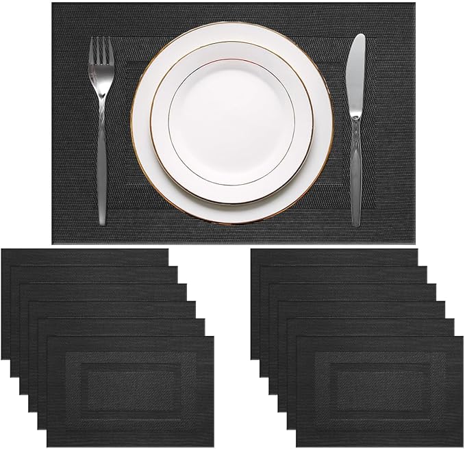PIGCHCY Placemats Set of 12 Washable Durable Place Mats Vinyl Heat Resistant Non-Slip Table Mats Indoor Outdoor (Pure Black)