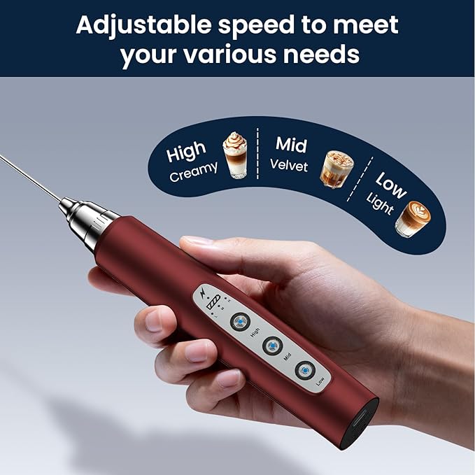 Milk Frother Wand Rechargeable Handheld Electric Whisk 3 Speed Adjustable | Coffee Frother Wand with 3 Stainless Whisks Electric Foam Maker Drink Mixer Blender for Latte Cappuccino Matcha Egg