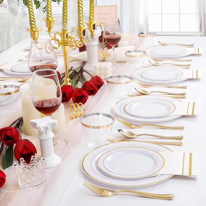 GATHER 700PCS Gold Plastic Dinnerware Set for 100 Guests for Wedding Party | White and Gold Disposable Dinnerware Sets include 200 Plate, 300 Silverware, 100 Cups, 100 Napkins for Anniversary