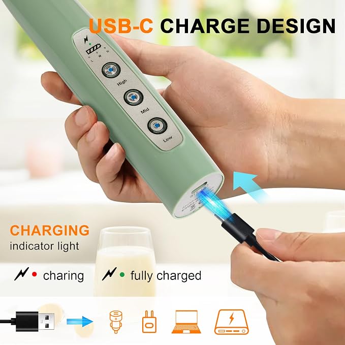 YUSWKO Handheld Milk Frother Wand for Coffee, Rechargeable Electric Whisk with 3 Heads 3 Speeds Drink Mixer Coffee Frother For Latte, Cappuccino, Hot Chocolate, Egg, Granite with Holder